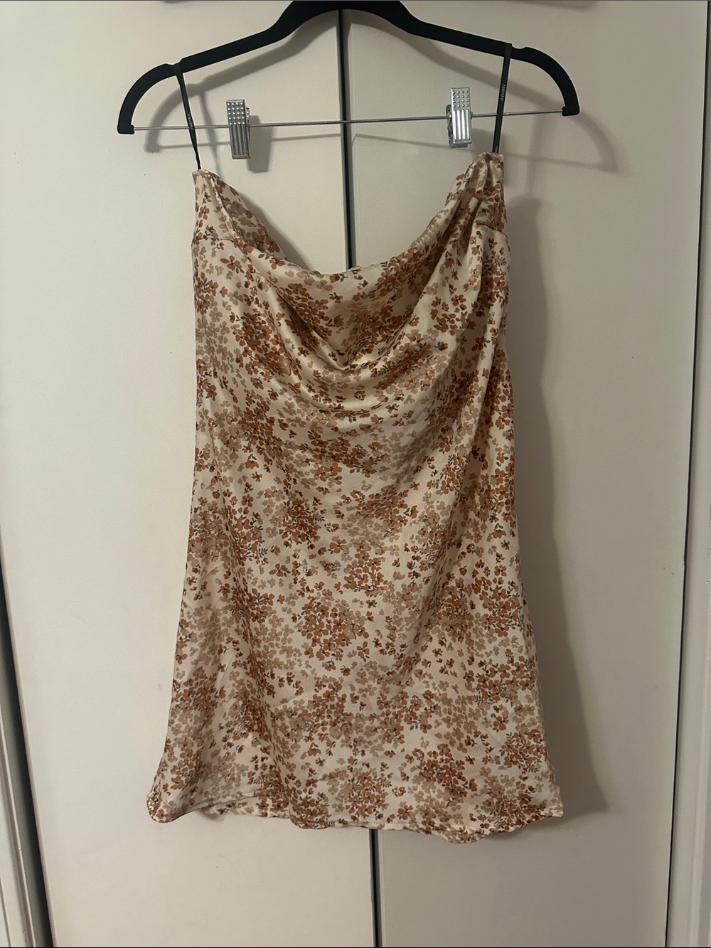 Floral Cowl Neck Slip Dress in Cream and Brown